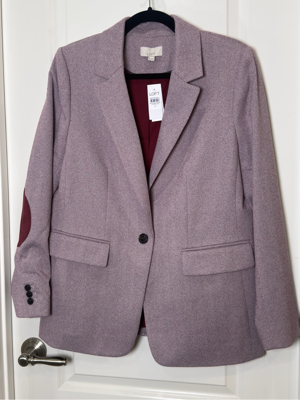 LOFT Dusty Mauve Herringbone Blazer with Burgundy Elbow Patches NWT.